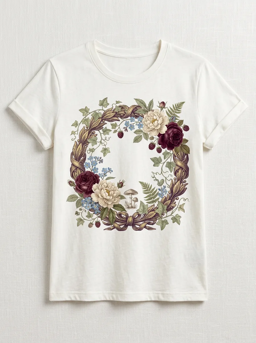 Women's Botanical Floral Mushroom Wreath Printed T-shirt