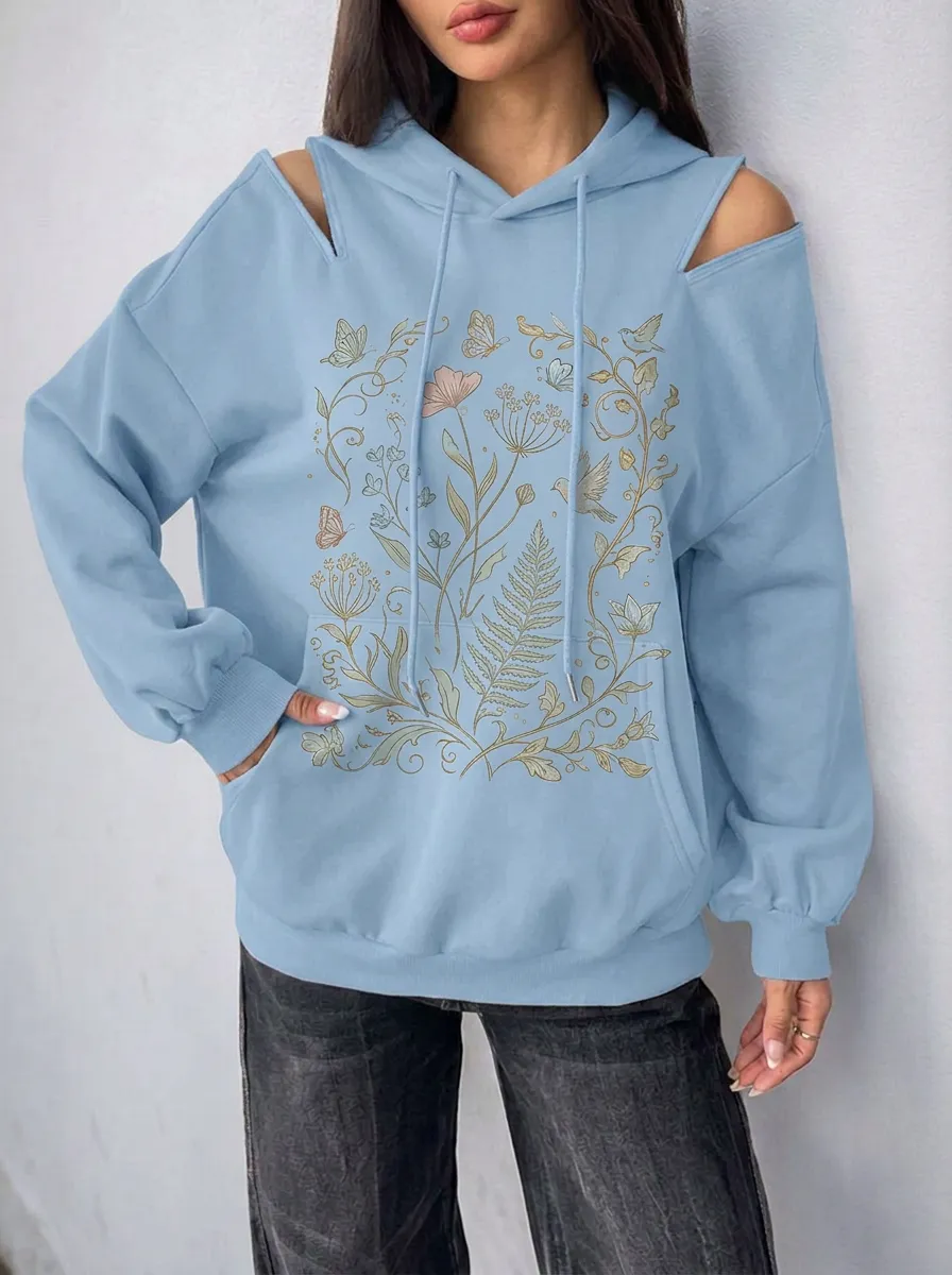 Women's Botanical Butterfly Floral Printed Cold Shoulder Hoodie