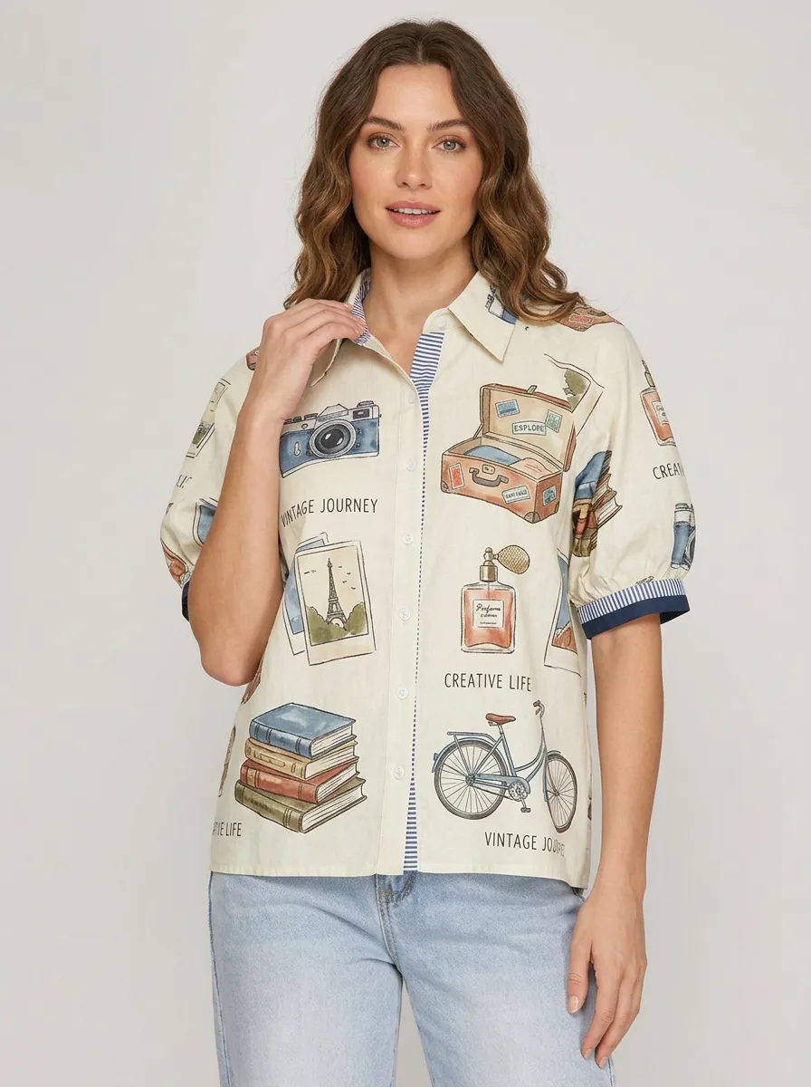 Women's Travel Vintage Journey Graphic Button-up Shirt Tank Top