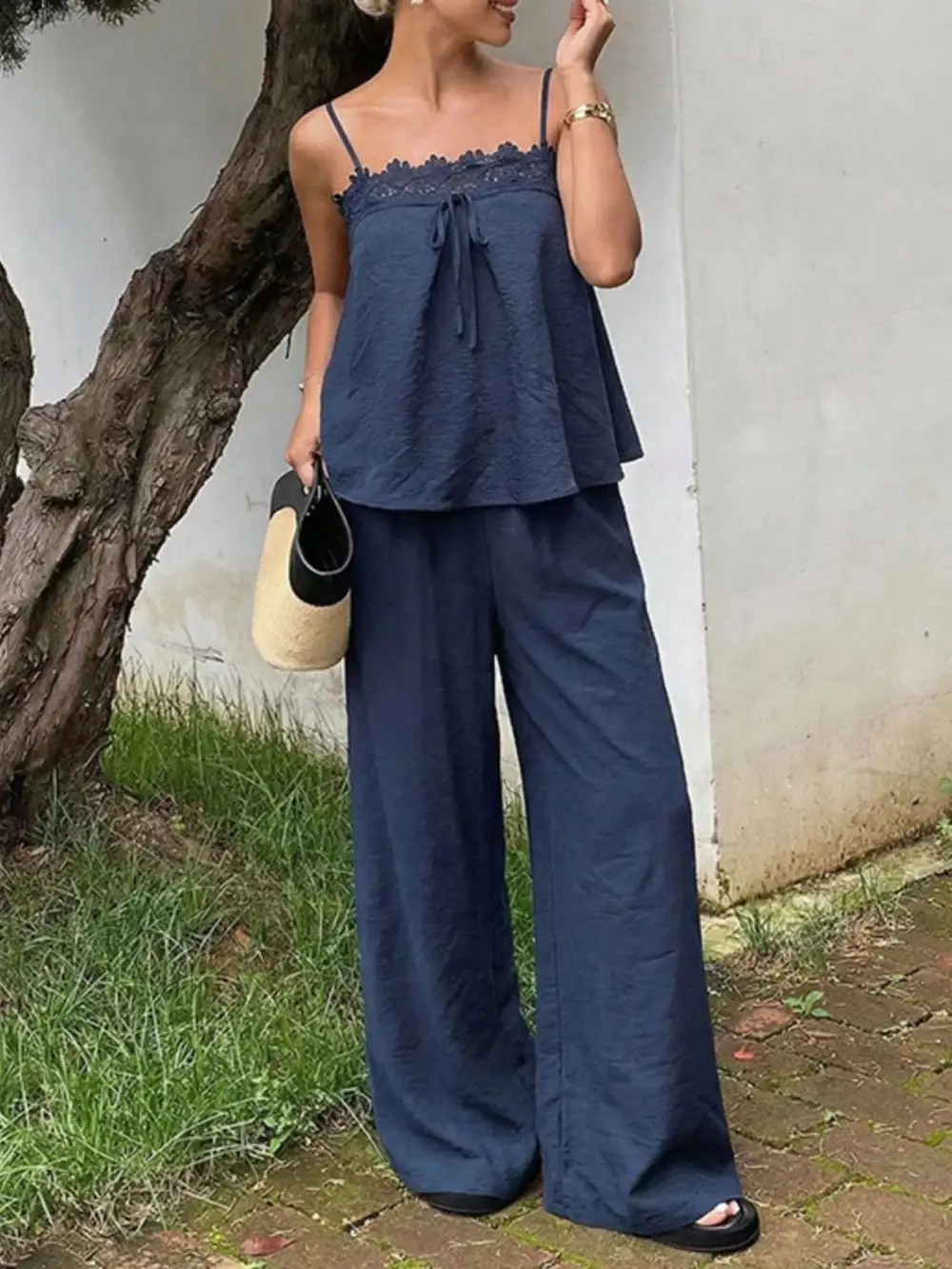 Lace Trim Cami and Wide Leg Pants Set