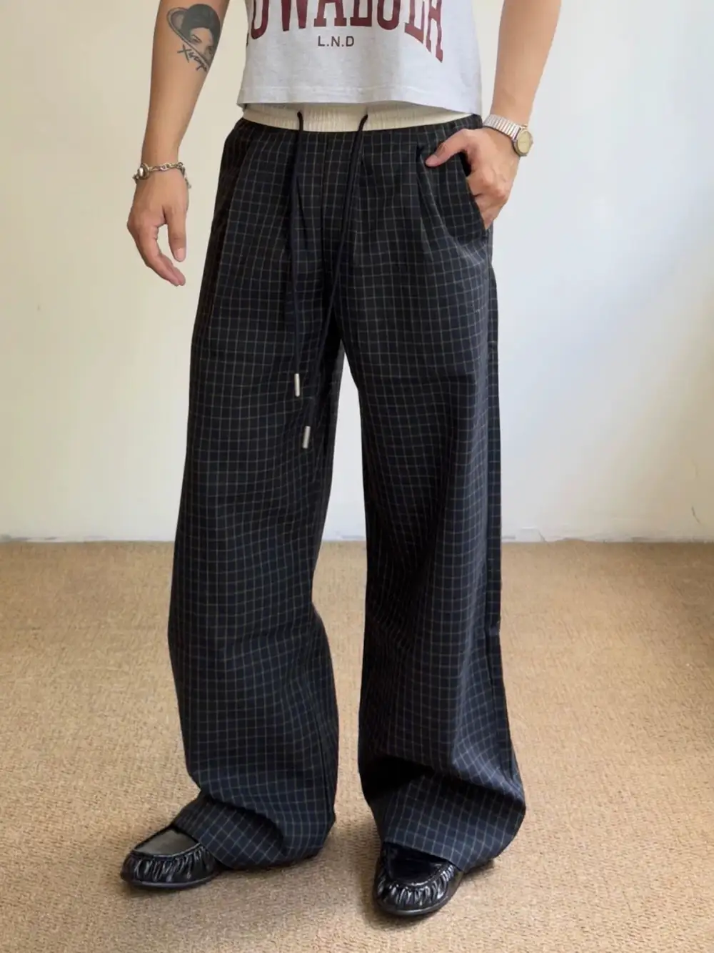 Wide-Leg Plaid Denim Pants