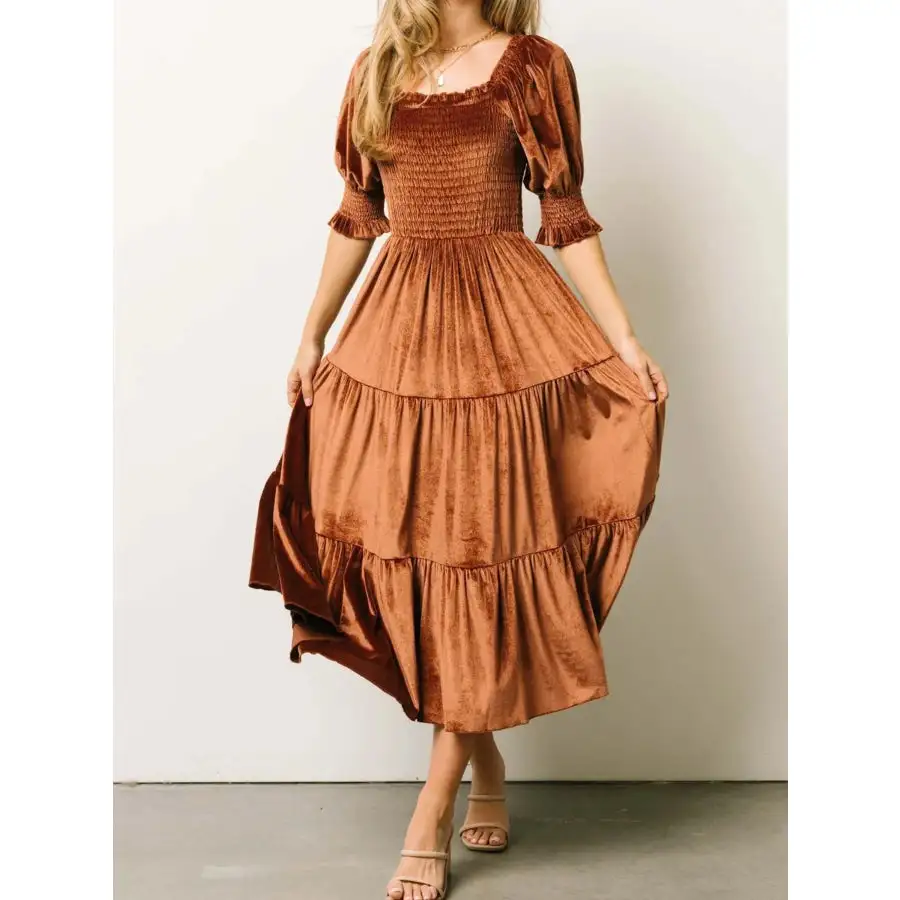 Smocked Half Sleeve Tiered Midi Dress