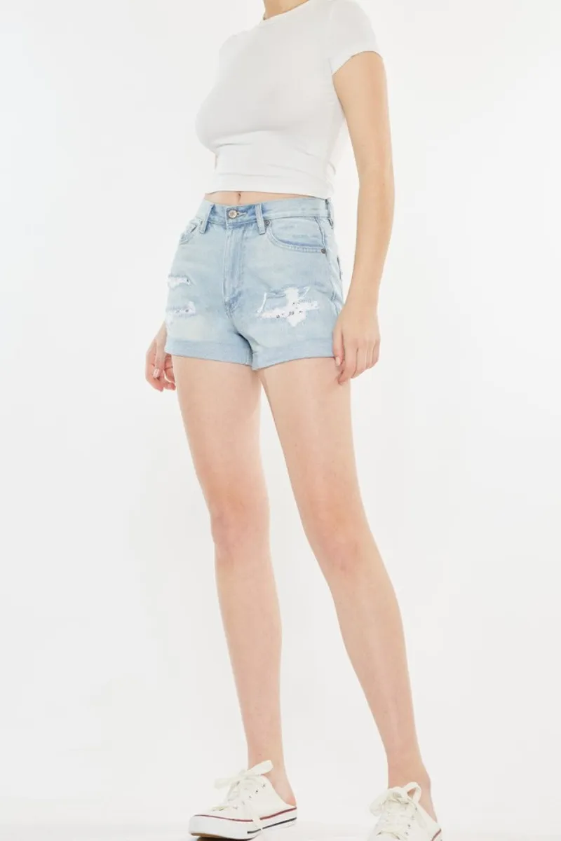 High Rise Repaired Denim Shorts