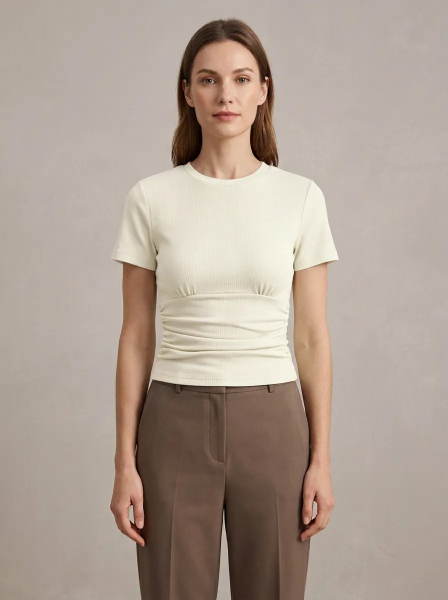 Contoured Waist-Ruched Ruched Ribbed Fitted Top