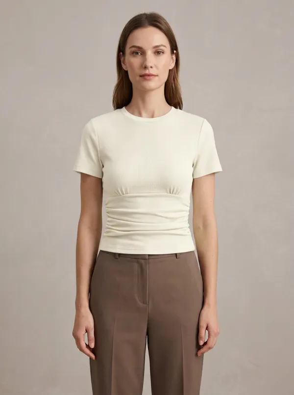 Contoured Waist-Ruched Ruched Ribbed Fitted Top