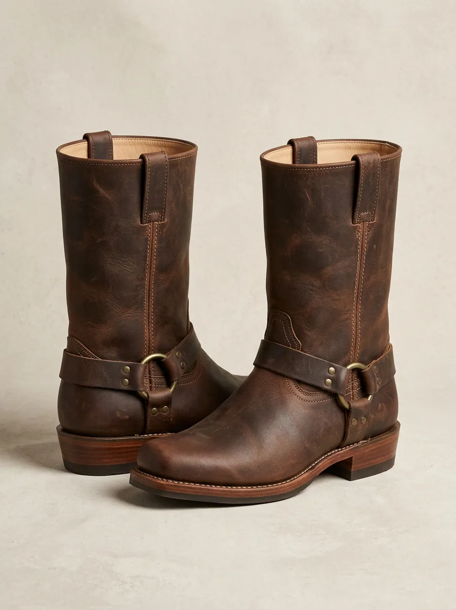 Men's Western Cowboy Brown Leather Harness Printed Boots