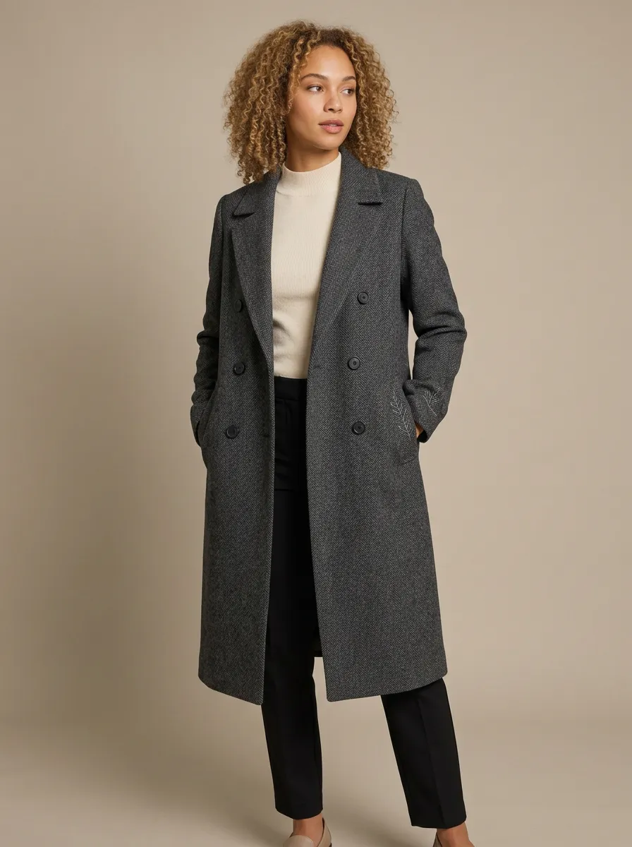 Women's Classic Gray Herringbone Pattern Printed Overcoat