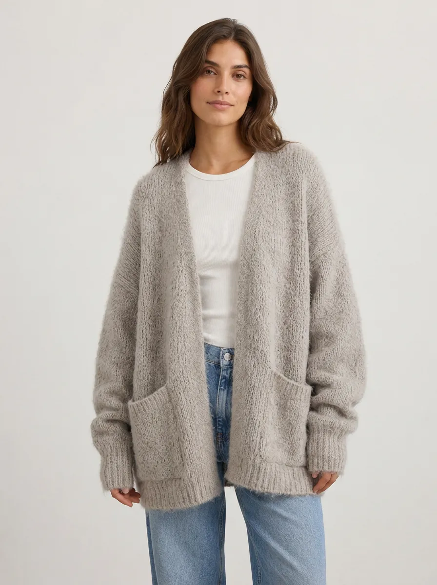 Women's Casual Oversized Grey Knitted Cardigan Sweater