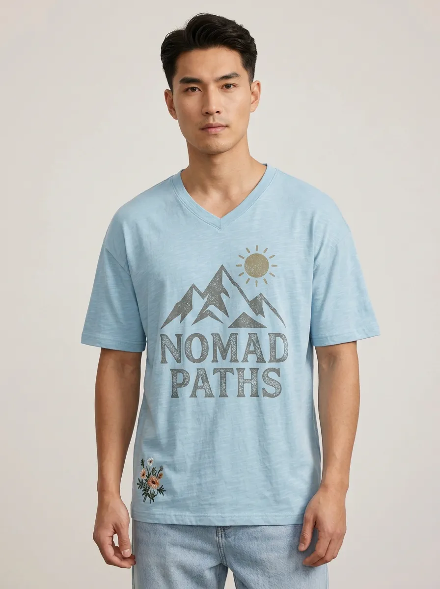 Unisex Nomad Paths Mountain Sun V-Neck T-Shirt
