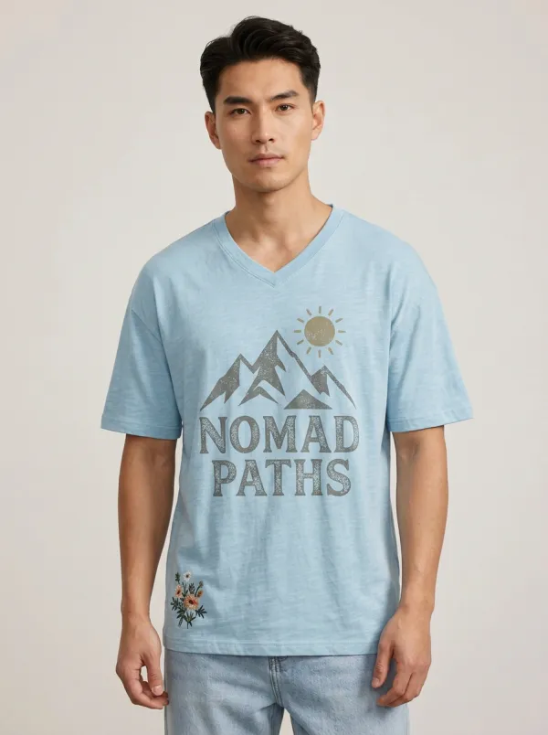 Unisex Nomad Paths Mountain Sun V-Neck T-Shirt