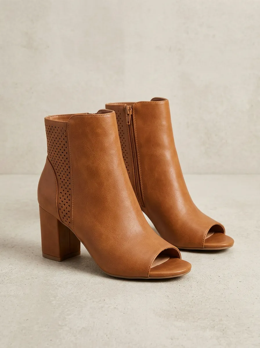 Laser-Cut Cutout Leather-Look Women's Peep-Toe Ankle Boots