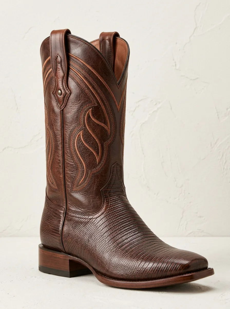 Men's Lizard-Embossed Square-Toe Western Boots