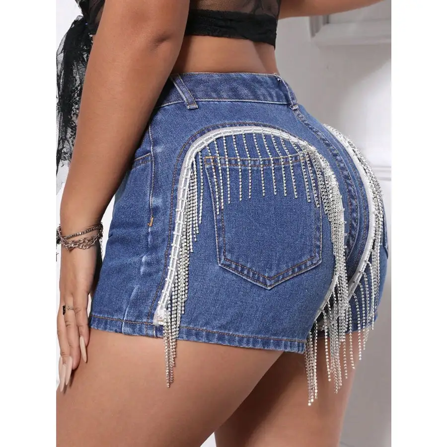 Buttoned Pocketed Fringe Detail Denim Shorts