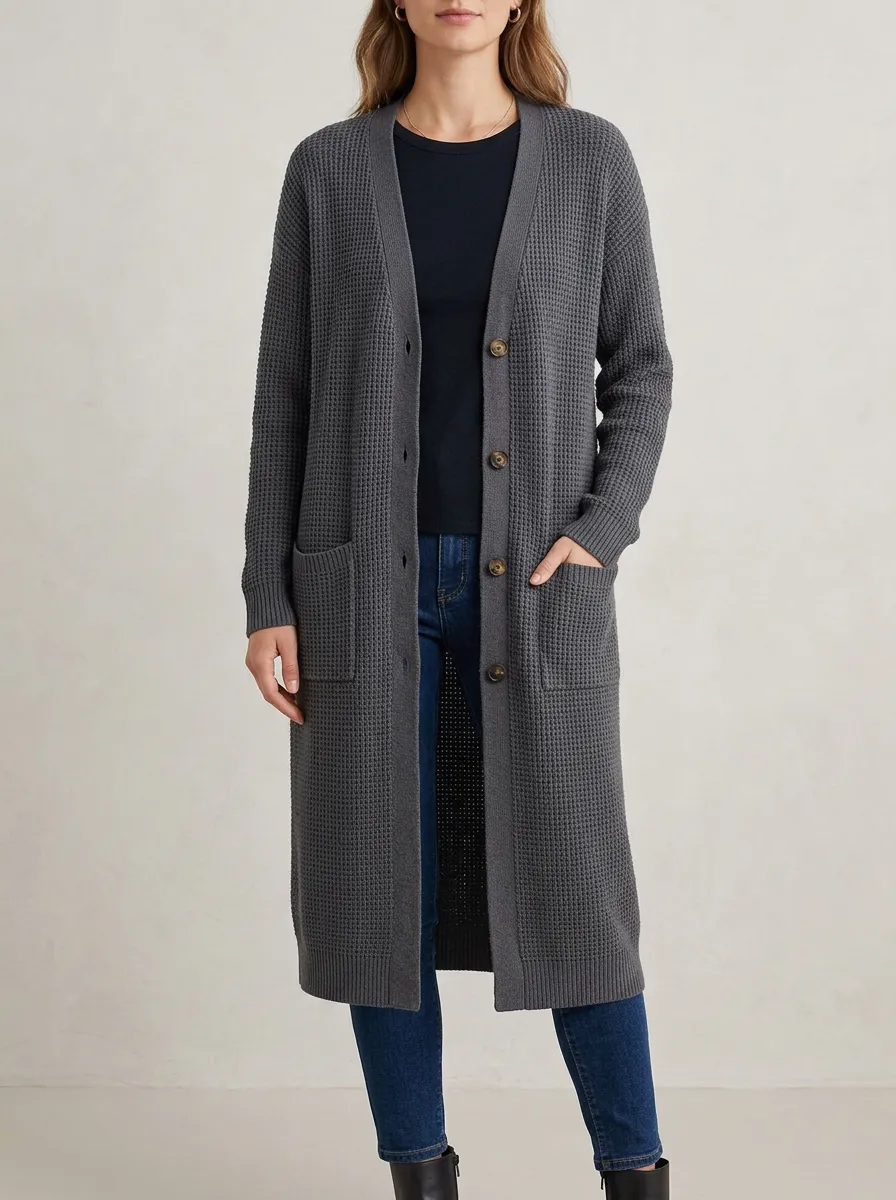 Women's Classic Waffle Textured Button Detail Knit Cardigan