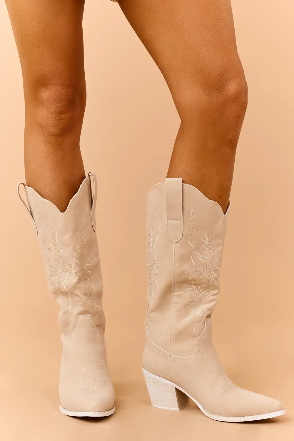 Beige Faux Suede Floral Embroidered Western Boots