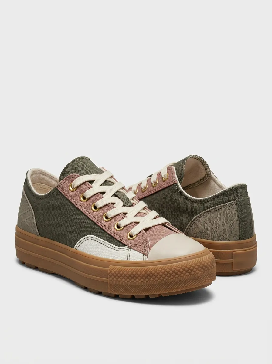 Women's Casual Style Olive Pink Colorblock Printed Sneakers