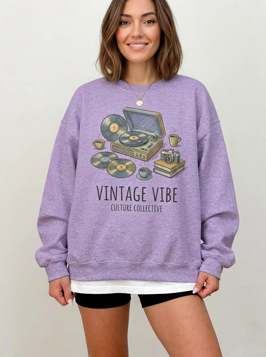 Women's Retro Music Lover Vinyl Record Camera Printed Sweatshirt