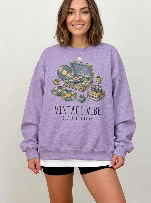 Women's Retro Music Lover Vinyl Record Camera Printed Sweatshirt