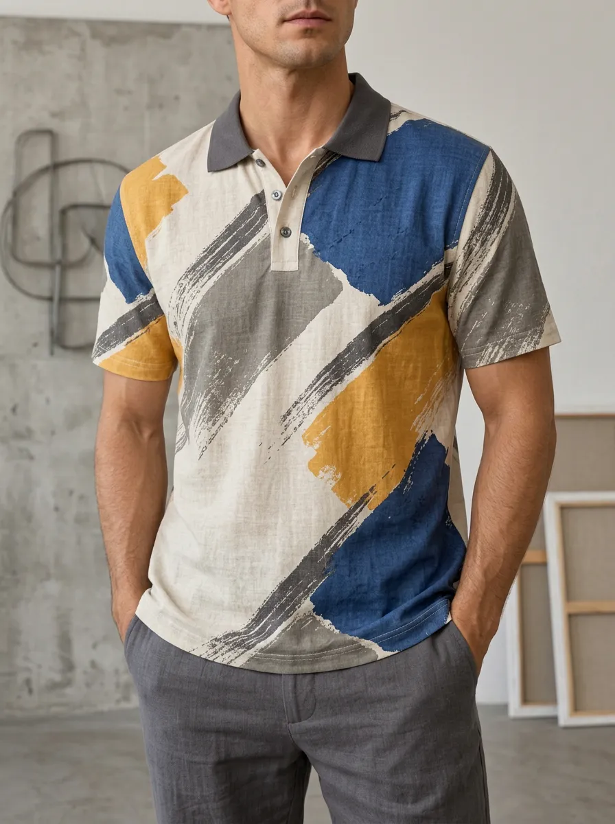 Men's Abstract Brushstroke Pattern Printed Polo Shirt Travel Casual Style