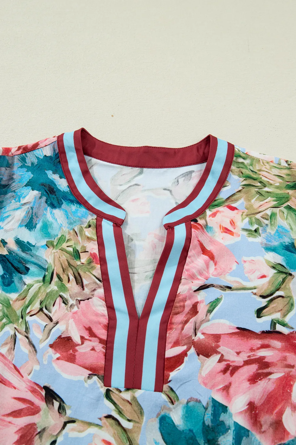Sky Blue Contrast Trim V Neck Blouse
