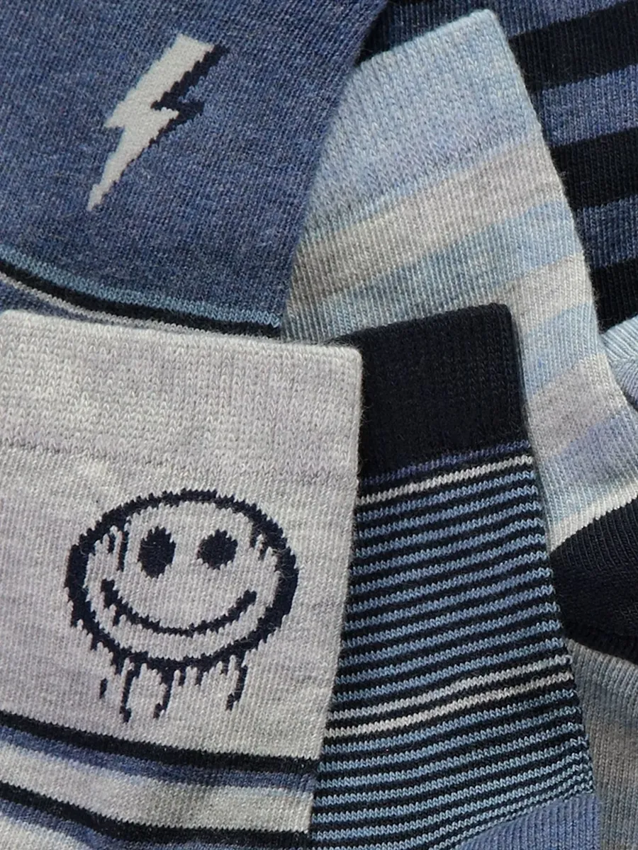 Blue Striped Smiley Ankle Length Socks 5 Pack