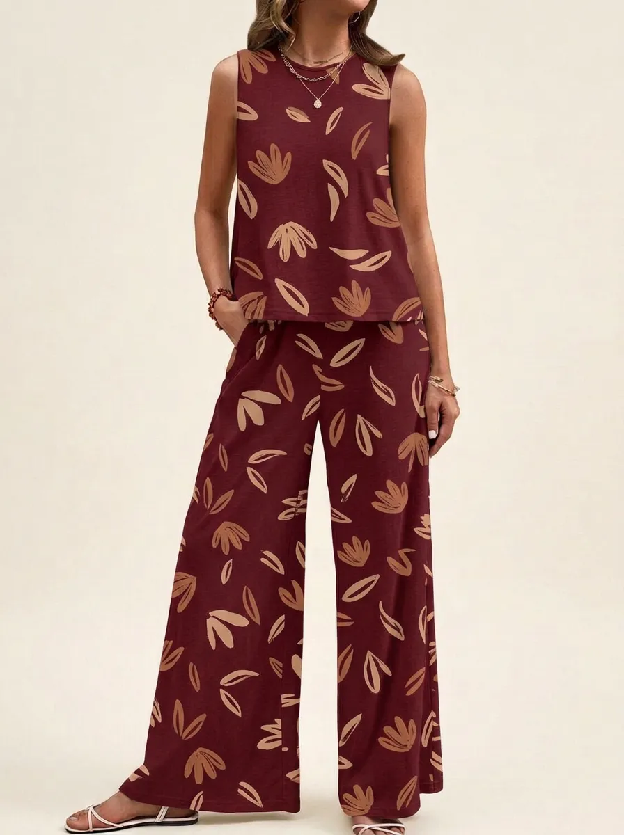 Women's Botanical Leaf Print Sleeveless Top And Wide-Leg Trouser Lounge Set