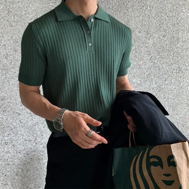 Sporty Ribbed Short Sleeve Fine Knit Polo Shirt