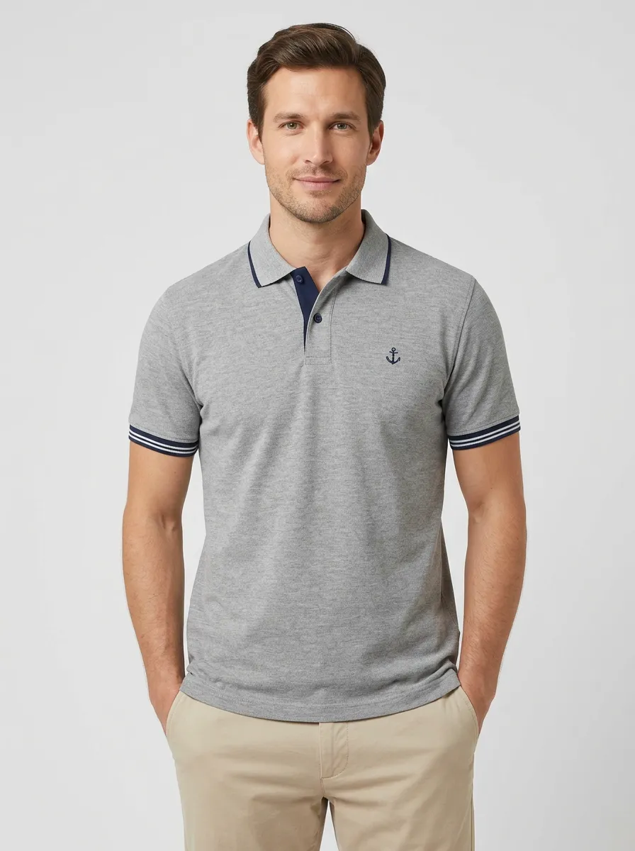 Men's Nautical Theme Anchor Embroidered Grey Polo Shirt