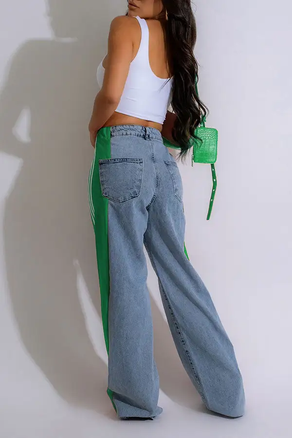 Colorblock Patchwork Washed Wide-Leg Jeans