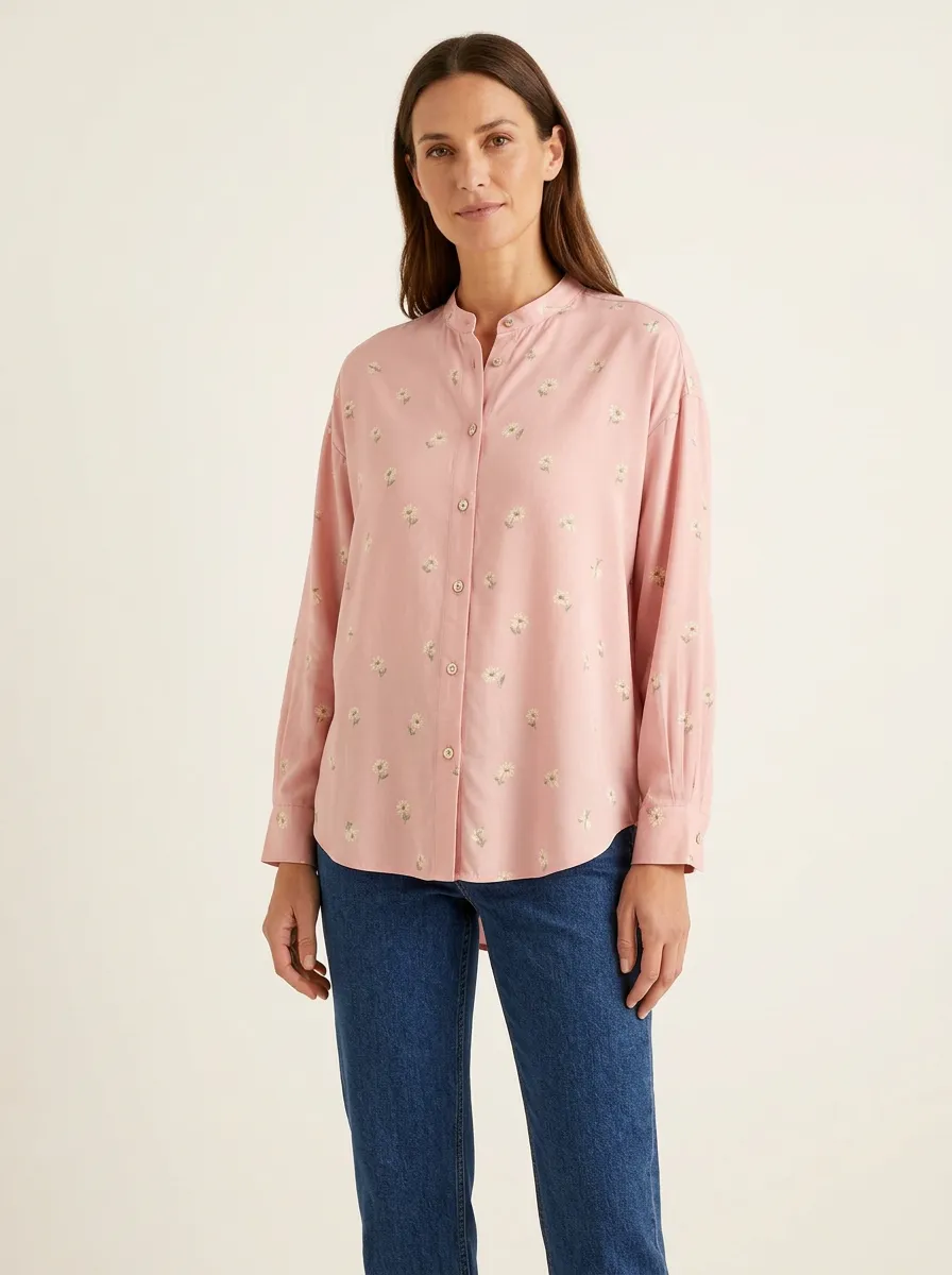 Women's Small-Floral Partial-Placket Mandarin Shirt