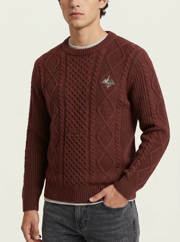 Men's Olive Green Cable-Knit Crewneck Sweater