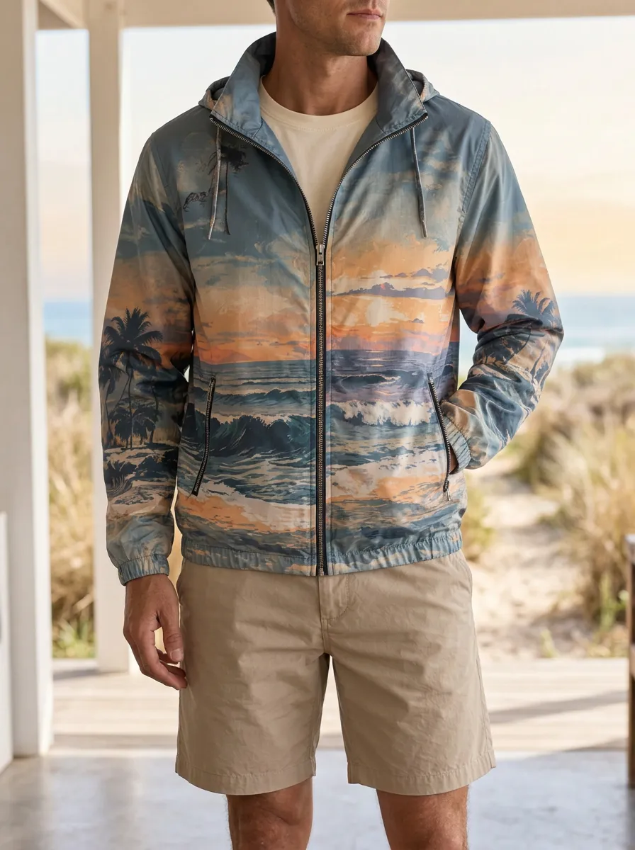 Men's Tropical Beach Sunset Palm Tree Rugged Summit Hooded Jacket