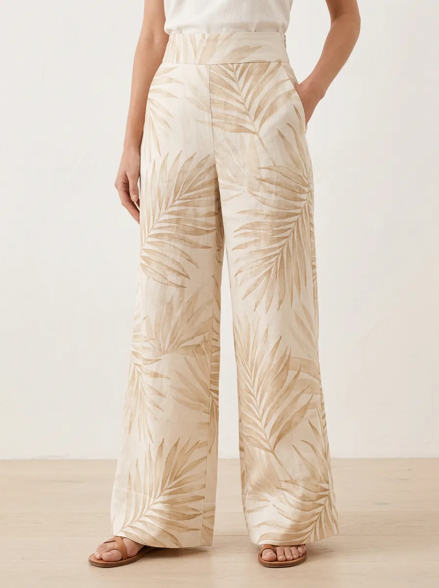 Women's Palm Leaf Nature Inspired Printed Wide Leg Pants