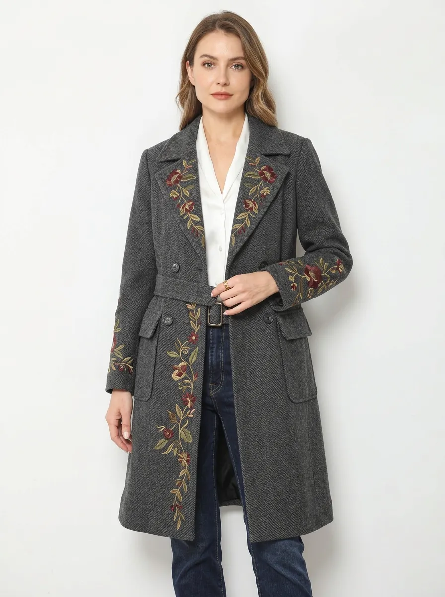 Women's Floral Embroidered Gray Herringbone Embroidered Coat