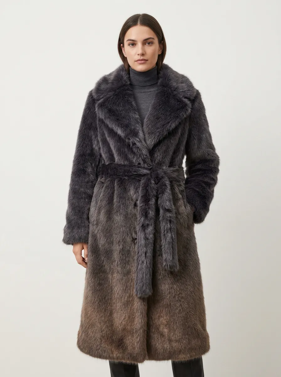 Notched Lapel Ombre Faux Fur Belted Coat