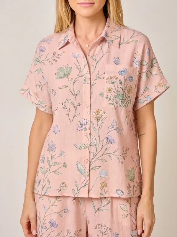 Women's Botanical Butterfly Floral Printed Button-up Shirt