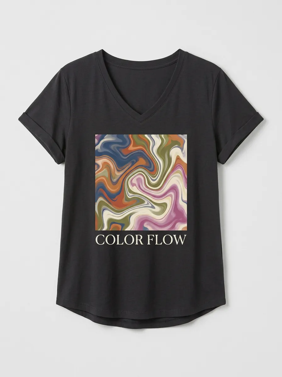 Women's Abstract Art Color Flow Marble Printed V-Neck T-Shirt Modern Pattern