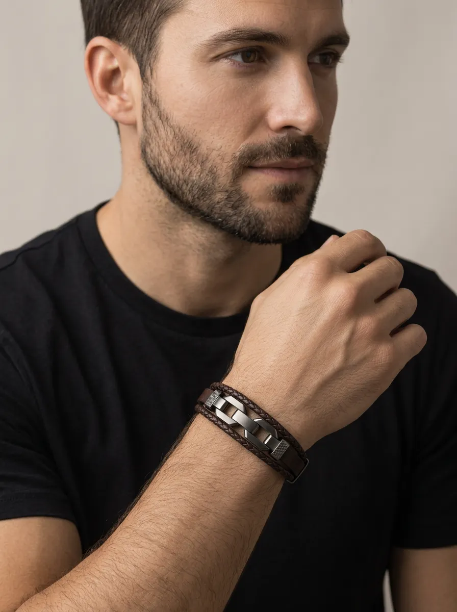 Men's Vintage Braided Leather Stainless Steel Link Bracelet