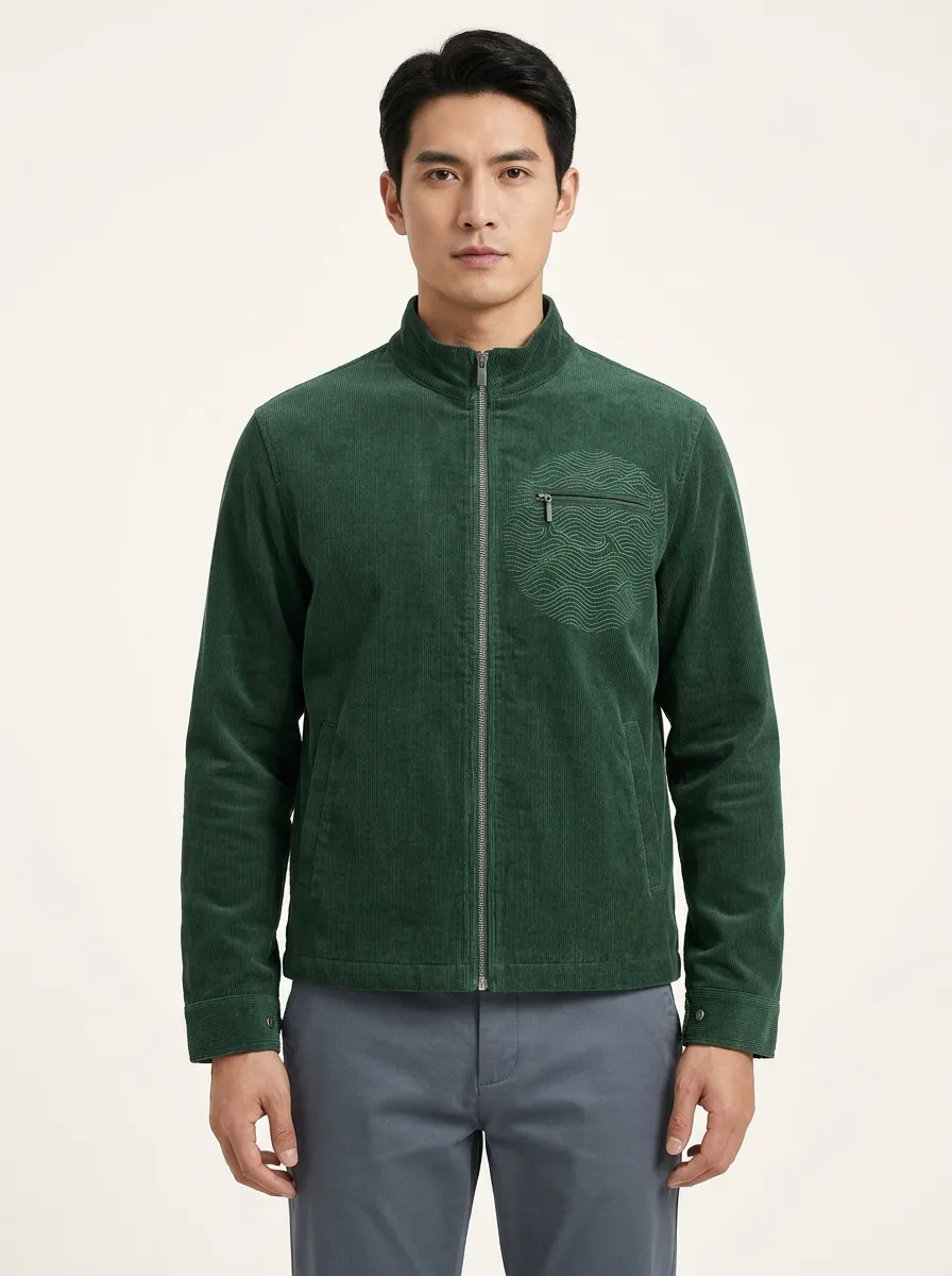 Men's Wave-Embroidered Zip-Chest Corduroy Jacket