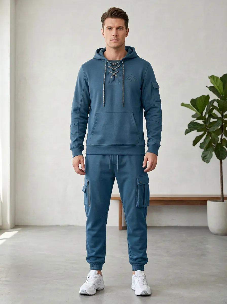 Core Lace-Up Mountain Graphic Detail Men's Lace Up Hoodie And Cargo Jogger Set