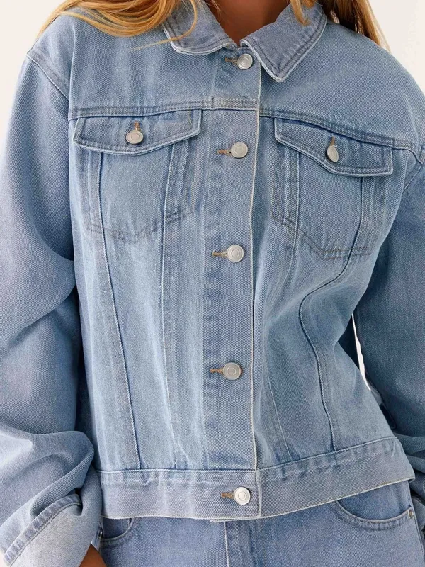 Button-Down Cropped Oversized Denim Jacket
