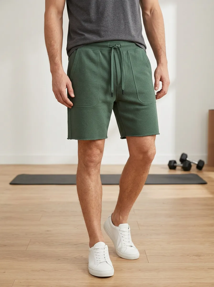 Men's Fitness Gym Green Raw Hem Drawstring Sports Shorts