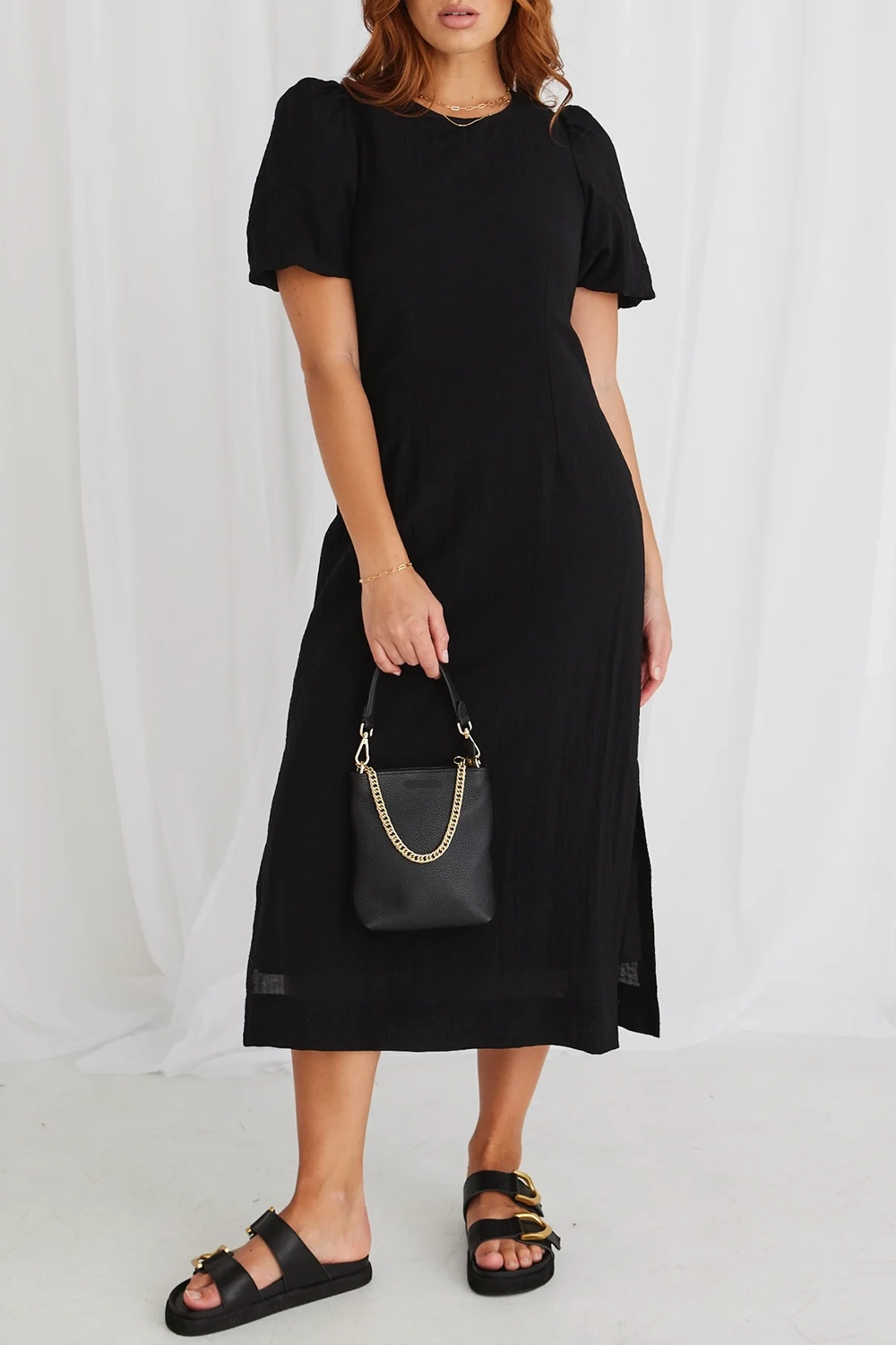 Black Puff - Sleeve Tie - Waist Maxi Dress