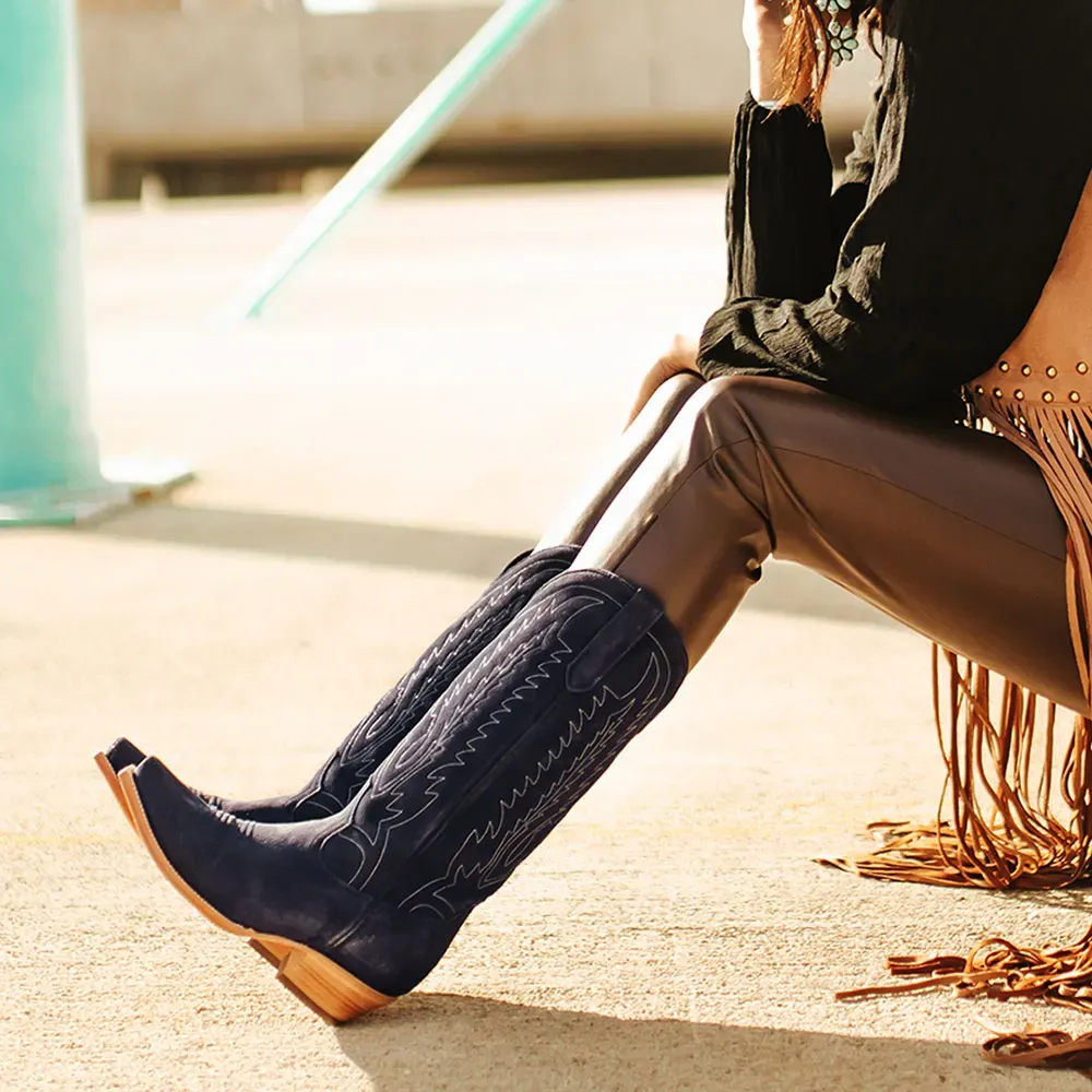 Classic Faux-Suede Embroidered Snip-Toe Chunky-Heel Mid-Calf Boots