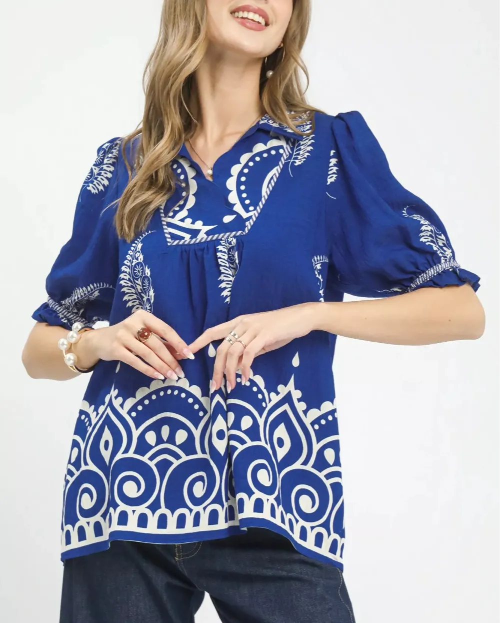 Printed Puff Sleeve Split Neck Top