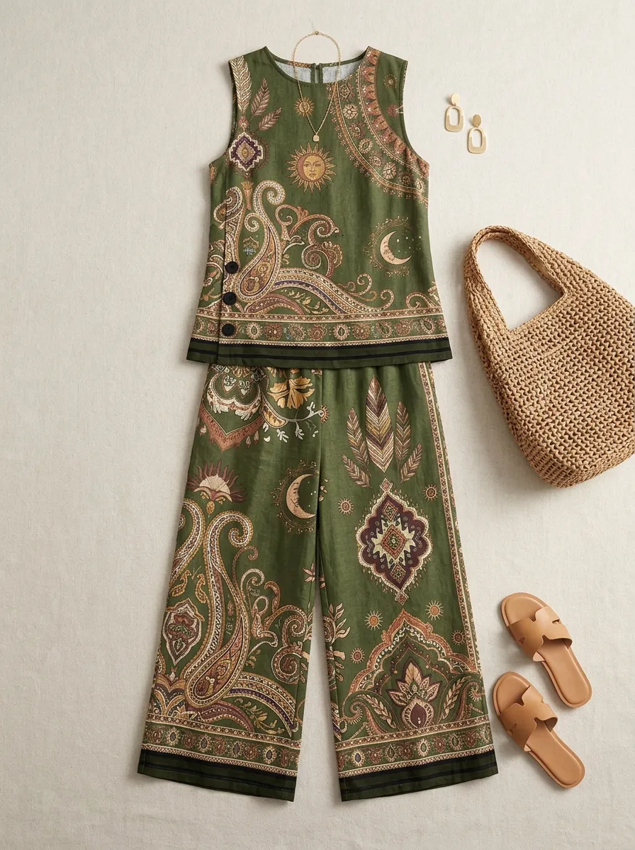 Women's Boho Sun Moon Paisley Printed Sleeveless Set
