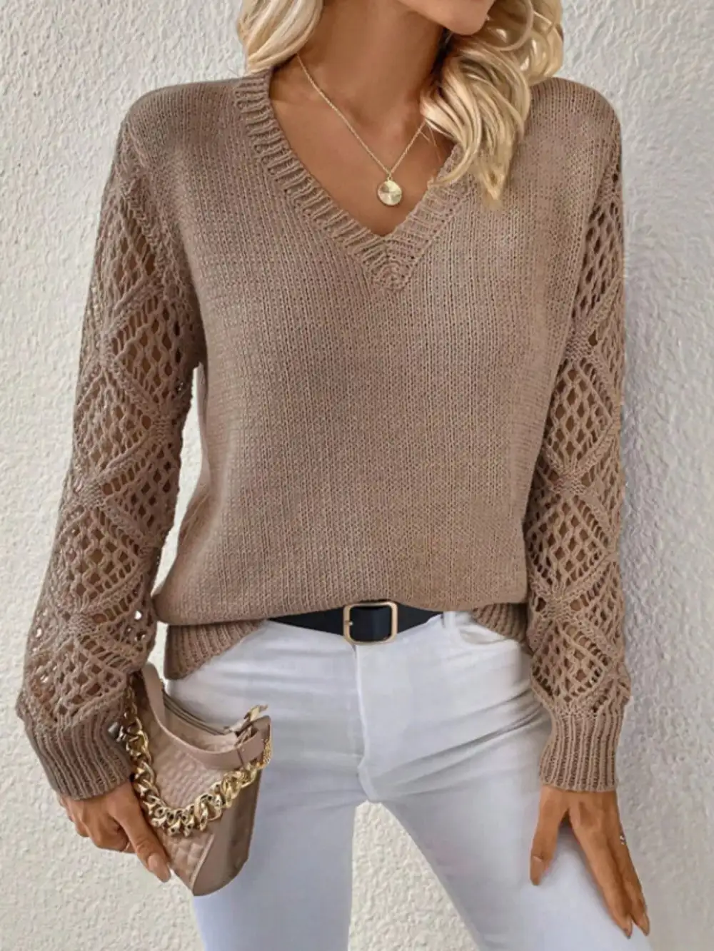 V-Neck Crochet Sweater