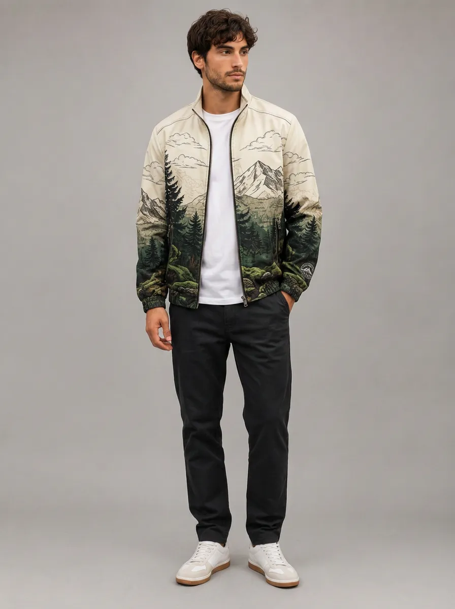 Men's Landscape Print Zip-Up Jacket with Two side pockets with zipper closures
