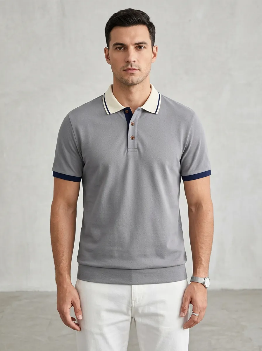 Men's Casual Business Grey Contrast Collar Polo Shirt