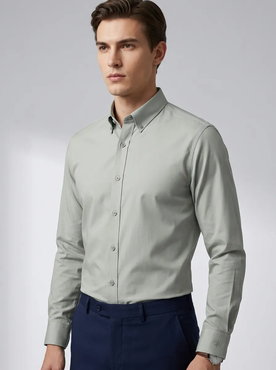 Men's Harbor Non-Iron Cotton Solid Sage Green Button-Down Shirt